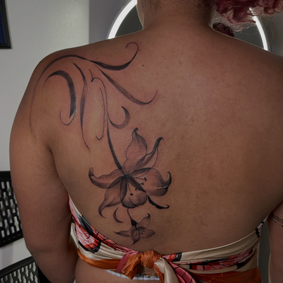 My first big back piece 🌺 came out 🔥 
📲Text 7183079147 if you’re interested i… — tattoo by Alivia Mazile, Valley Stream, New York