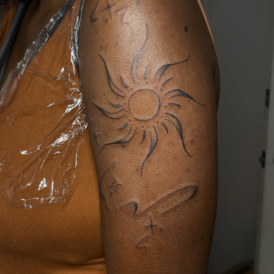 Custom galactic sun theme tattoo 💫☀️🔥
📲Text 7183079147 if you want quality wo… — tattoo by Alivia Mazile, Valley Stream, New York