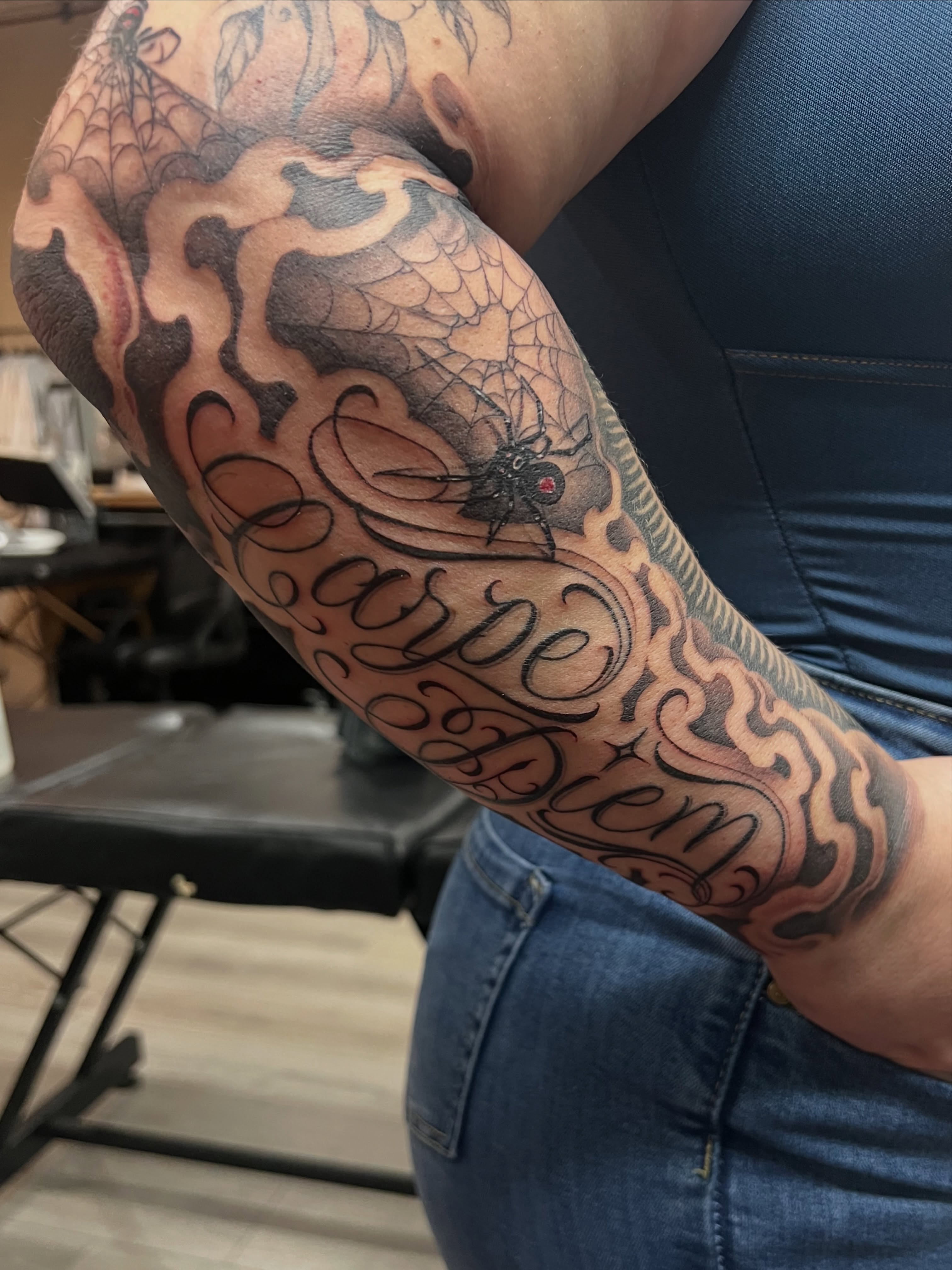 Carpe Diem not done by me but I did upgrade it and filled in the space with smok… — tattoo by Quan G, Union City, California