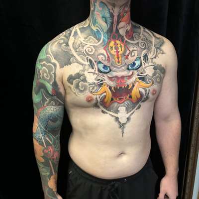Did the sleeve, neck, and chest!! the chest still need a tiny touch up, but the … — tattoo by Troy Castorano, Phoenix, Arizona