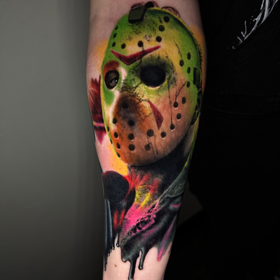 “High-definition portrait of Jason Voorhees from Friday the 13th, packed with dy… — tattoo by Mario Guerrero, Wildomar, California
