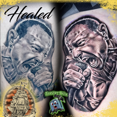 🎤 Fresh vs. Healed

A portrait of the legendary Chester Bennington, created to … — tattoo by Toaster Blix, Banning, California