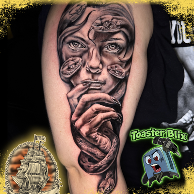 🐍 Temptation Has Many Faces

This custom black and gray surrealism piece explor… — tattoo by Toaster Blix, Banning, California