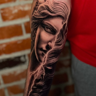 An angel and a demon ✨ all in one ✨

Seriously loved working on this one! The co… — tattoo by Kelsea Lake Schack, Denver, Colorado