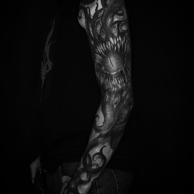 Fun freehand tentacle monster sleeve! Thank you! — tattoo by Dustin Burt, Seattle, Washington