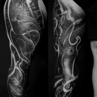 Leg sleeve for Dane! Thanks so much! — tattoo by Dustin Burt, Seattle, Washington