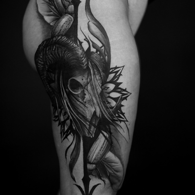 Thanks Kristina for letting me do this ram scarab beetle piece for you! — tattoo by Dustin Burt, Seattle, Washington