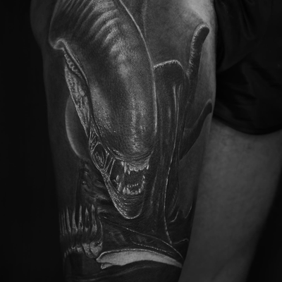 Lil alien from the other week. Thanks Andrew! — tattoo by Dustin Burt, Seattle, Washington