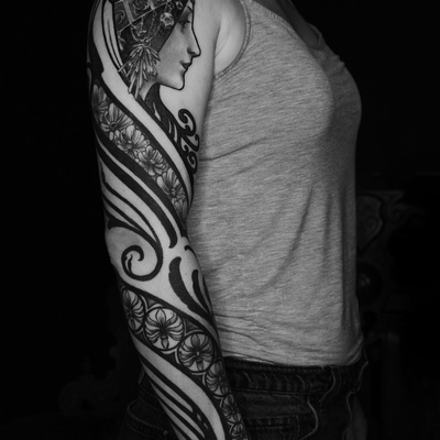 Art nouveau sleeve from a little while back. Thanks so much! — tattoo by Dustin Burt, Seattle, Washington