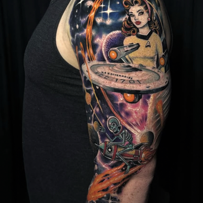 Good Start to this Star Trek space sleeve, with a bit of retro traditional style… — tattoo by Jason  Goodstein, Mesa, Arizona