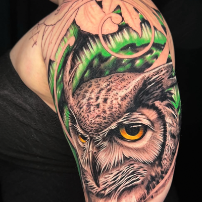 The latest owl project. — tattoo by Jason  Goodstein, Mesa, Arizona