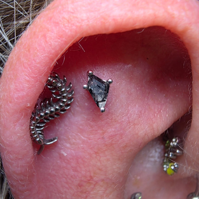 Upgraded this flat piercing with a 14k white gold and rutilated quartz from Budd… — tattoo by Kyle Soden, Honesdale, PA