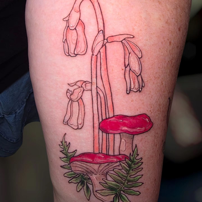 Some native pennsylvania plants and fungi. Ghost pipes, brittlegills, and netted… — tattoo by Kyle Soden, Honesdale, PA