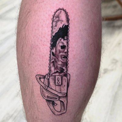Fun one from my flash 

#tattoo #flashtattoo #texaschainsawmassacre #leatherface… — tattoo by Kyle Soden, Honesdale, PA
