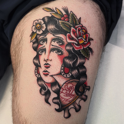 Here’s a trippy lady head that I finally got to tattoo in color from my flash ⚡️… — tattoo by Aiden Busiel, Chicago, Illinois