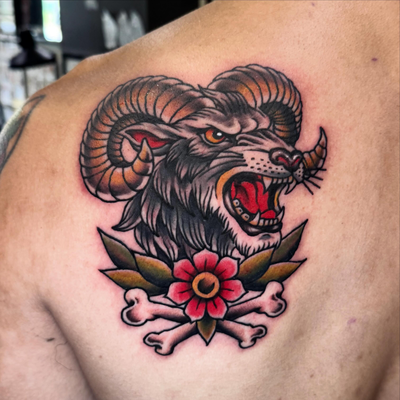 Rams head I had the pleasure of tattooing on my man Paul 🐐 
• • •
Currently boo… — tattoo by Aiden Busiel, Chicago, Illinois