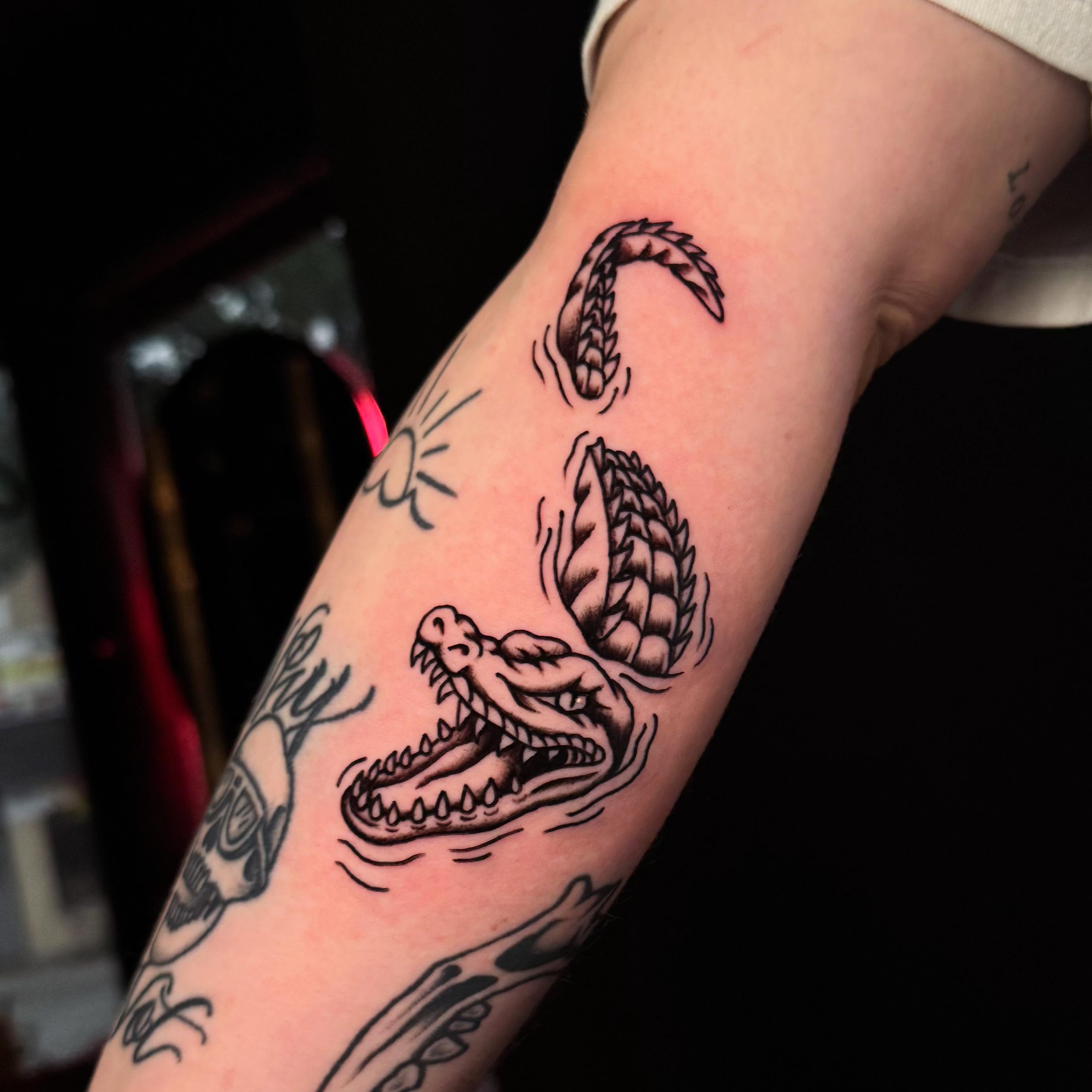 Did you know that when an alligator has its mouth closed you can only see its to… — tattoo by Aiden Busiel, Chicago, Illinois