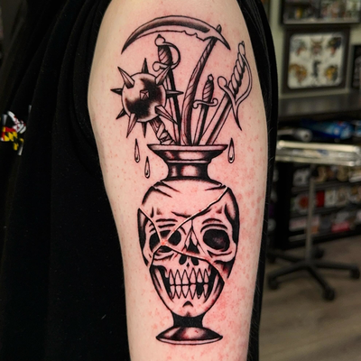 A broken skelly vase done for my man Luke ☠️ 
• • •
Booking for October & Novemb… — tattoo by Aiden Busiel, Chicago, Illinois
