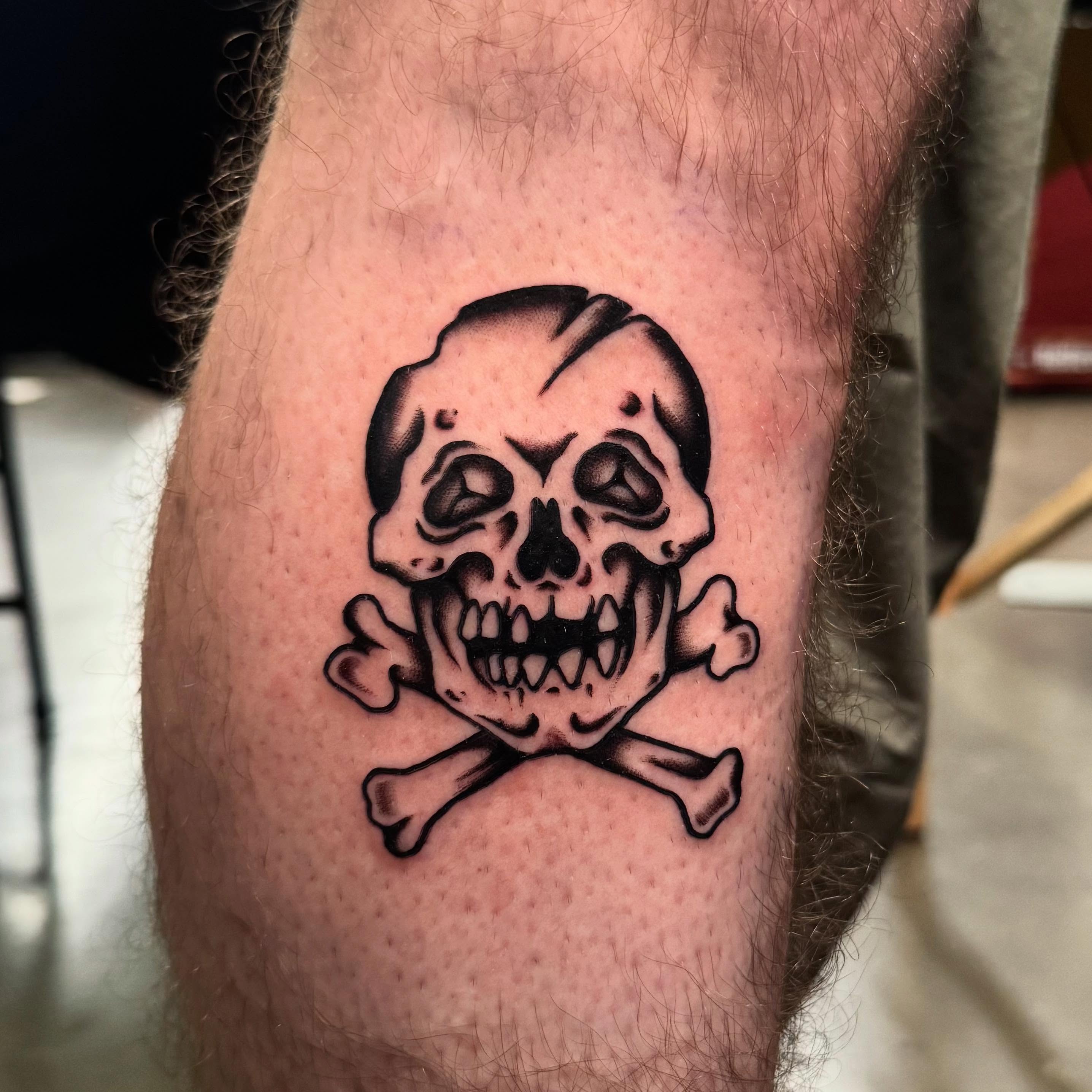 ☠️ Just a badass skull from my flash that I got to tattoo at the Portland Villia… — tattoo by Aiden Busiel, Chicago, Illinois