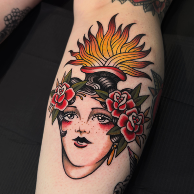 Got to do this sacred heart lady head on my bestie Sarah!
Tattooed at the @milwa… — tattoo by Aiden Busiel, Chicago, Illinois