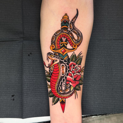 🐍 Snake & Dagger 🗡️ done from my flash
• • •
Booking for September & October
D… — tattoo by Aiden Busiel, Chicago, Illinois