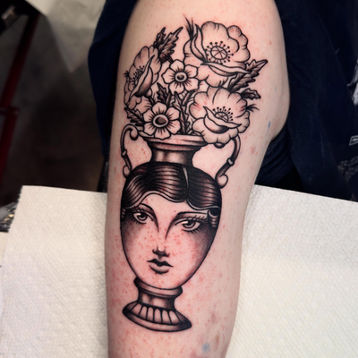 Lady head flower pot to match the skelly on Luke’s other arm, that I posted earl… — tattoo by Aiden Busiel, Chicago, Illinois
