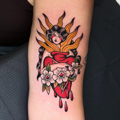Finally got to tattoo this scared heart lady in color ❤️ done from my flash
I wa… — tattoo by Aiden Busiel, Chicago, Illinois