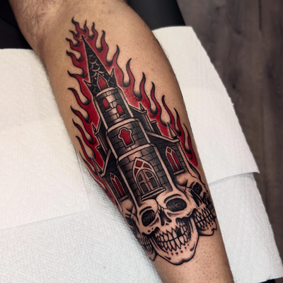 Had the pleasure of tattooing this burning church flash design on my man Dro! 🙌… — tattoo by Aiden Busiel, Chicago, Illinois