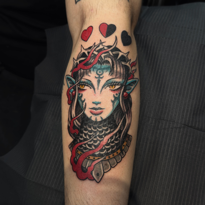 Heres a elf lady head that I got to tattoo on my boy Allen at the Milwaukee Vill… — tattoo by Aiden Busiel, Chicago, Illinois