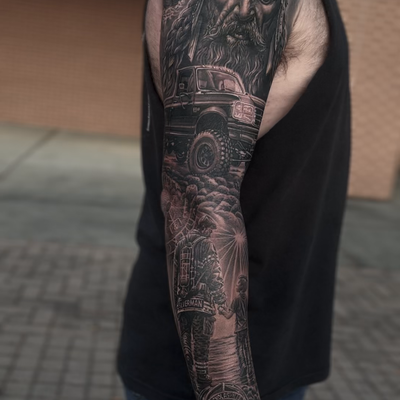 personalized black and grey outer sleeve tattoo. 25 hours/3 days session. 🏆BEST… — tattoo by Osi Cruz, Houston, Texas