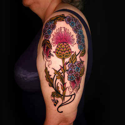 Thistle, forget me nots, berries, and bees for Liza! 🐝🪻🩵 — tattoo by Sheena Wood, San Francisco, California