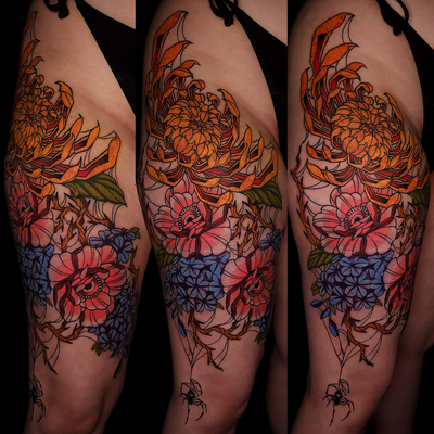 Floral scar cover up for Christina! 🕸🪻🌷🏵🕷 Can you believe this is her first… — tattoo by Sheena Wood, San Francisco, California