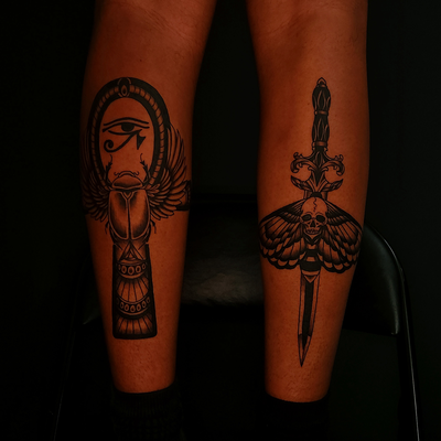 Moth and dagger (hehe) with an ankh and beetle double calf for Sam! Thank you fo… — tattoo by Sheena Wood, San Francisco, California