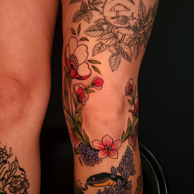 Knee cap frame for Emma! One more session on this to add some pink inside the fl… — tattoo by Sheena Wood, San Francisco, California