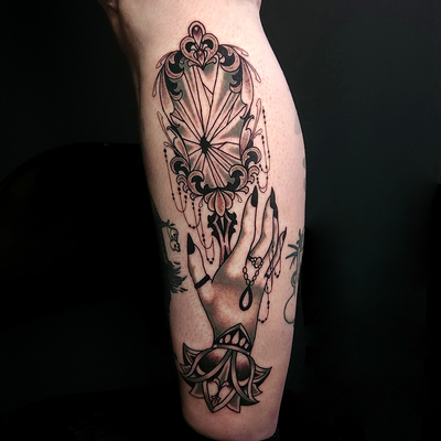 Cracked hand mirror for Hex — tattoo by Sheena Wood, San Francisco, California