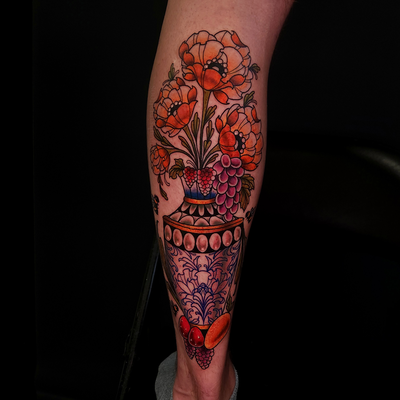 Vase of fruit and flowers for Tomas 🌿🍓🐝 — tattoo by Sheena Wood, San Francisco, California