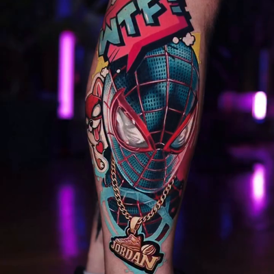 MILES MORALES’ Spider-Verse🕷️and a little Shiba inu
Did this tattoo for my bro … — tattoo by Levente Vacsi, New York, New York
