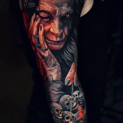 Dark vibes♠️
•
•
Pro team @emalla.official 
•
#horror #horrortattoo #darktattoo … — tattoo by Levente Vacsi, New York, New York