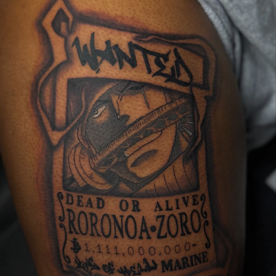 Roronoa Zoro Wanted poster done my style 🗡️⚔️ 
I love tattooing One Piece let’s… — tattoo by Christopher Alexis, North Providence, Rhode Island