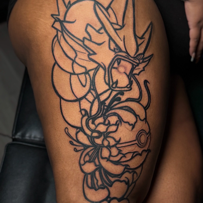 First Session on this Gyarados Leg sleeve! 
with the Dream Ball! Can’t wait to f… — tattoo by Christopher Alexis, North Providence, Rhode Island
