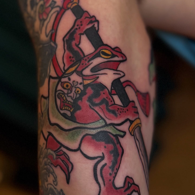 Fighting Japanese Neo Trad Frogs for the homie 🐸⚔️🔥
Done at @geocity.nyc  SWIP… — tattoo by Christopher Alexis, North Providence, Rhode Island