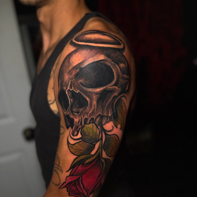 Amazing start to this dope sleeve we’re working on! 💀🌹
Love bringing in the fa… — tattoo by Christopher Alexis, North Providence, Rhode Island