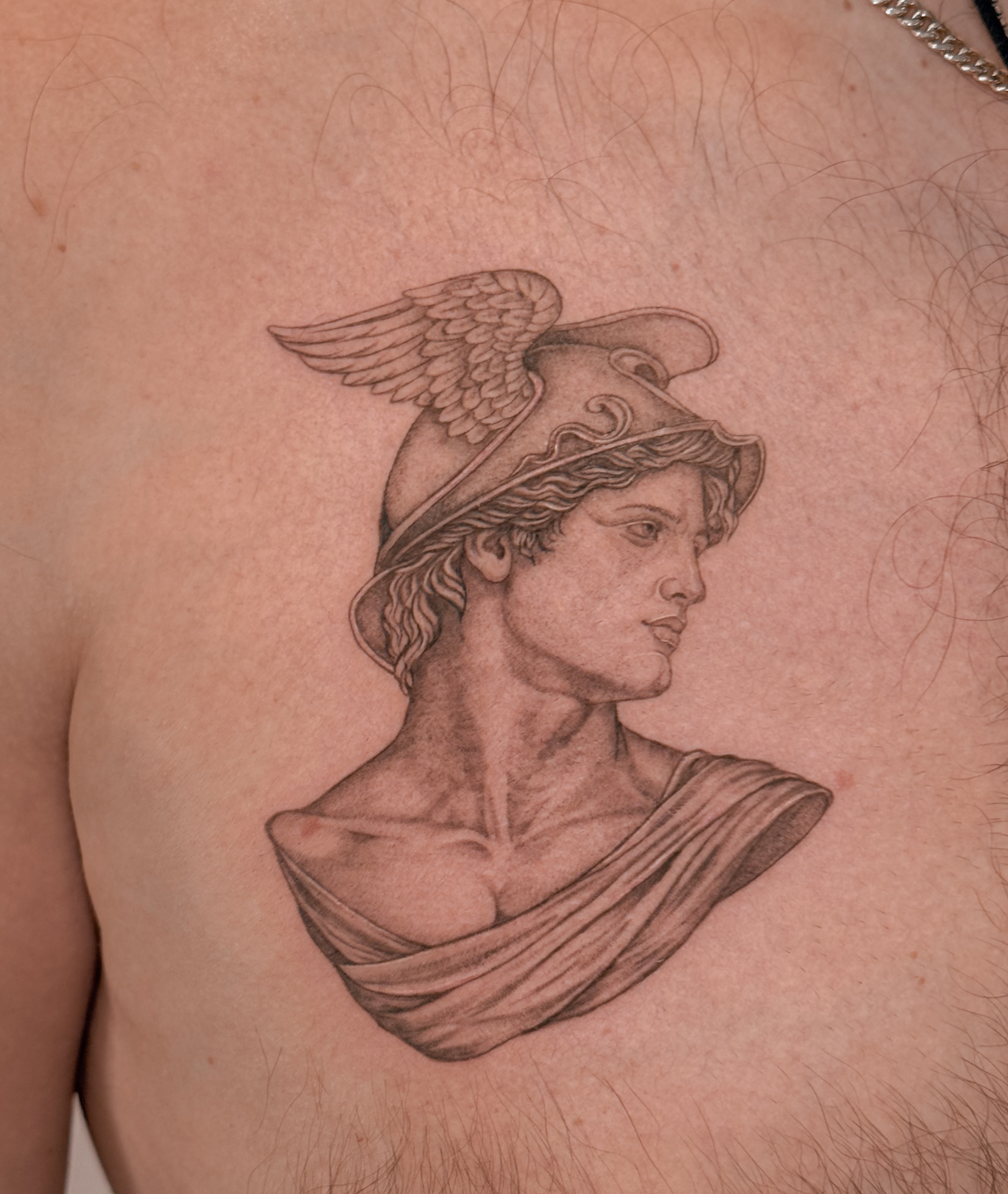 A timeless figure, translated into fine lines.
Hermes 🪽
#HermesTattoo #SingleNe… — tattoo by Agnė Kastanauskaitė, Los Angeles, California