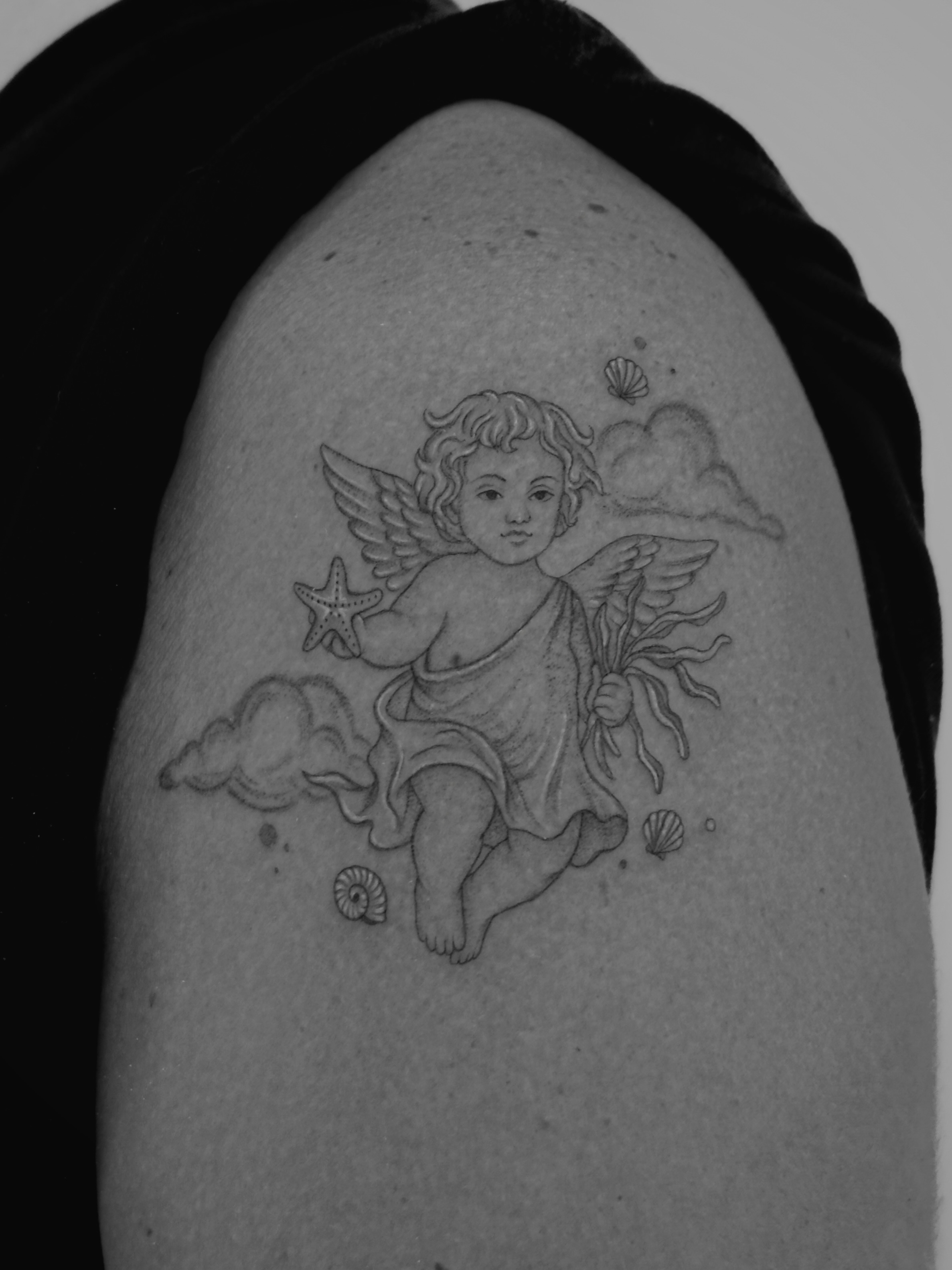 Little cherub for his sweet little angel named Seaweed🐶🫶

#finelinetattoo #sin… — tattoo by Agnė Kastanauskaitė, Los Angeles, California
