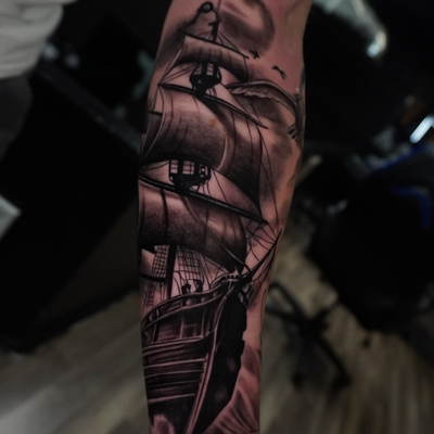 ⛵️ 🌊 — tattoo by Miguel Vega, Springfield, Massachusetts