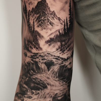 Something different, 2 sessions on this landscape piece 🏔️🙏 — tattoo by Drake Chiesa, San Diego, California