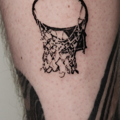 Basketball hoop to complete all the designs from my hometown flash 🖤 it’s very … — tattoo by Drake Chiesa, San Diego, California