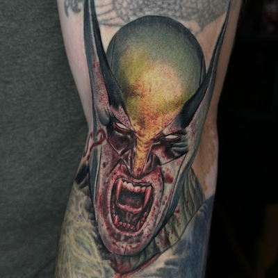 Cover-up in progress 🩸 Started this sleeve with Dracula Wolverine, and next up … — tattoo by Dorian Perches, Banning, California