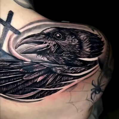 Fresh black & grey raven piece 🐦‍⬛🔥 Loving how this one came together, especia… — tattoo by Dorian Perches, Banning, California
