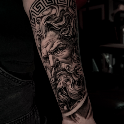 Zeus , beautiful start to a full arm!!! — tattoo by Jaccob Hansen, Salem, New Hampshire